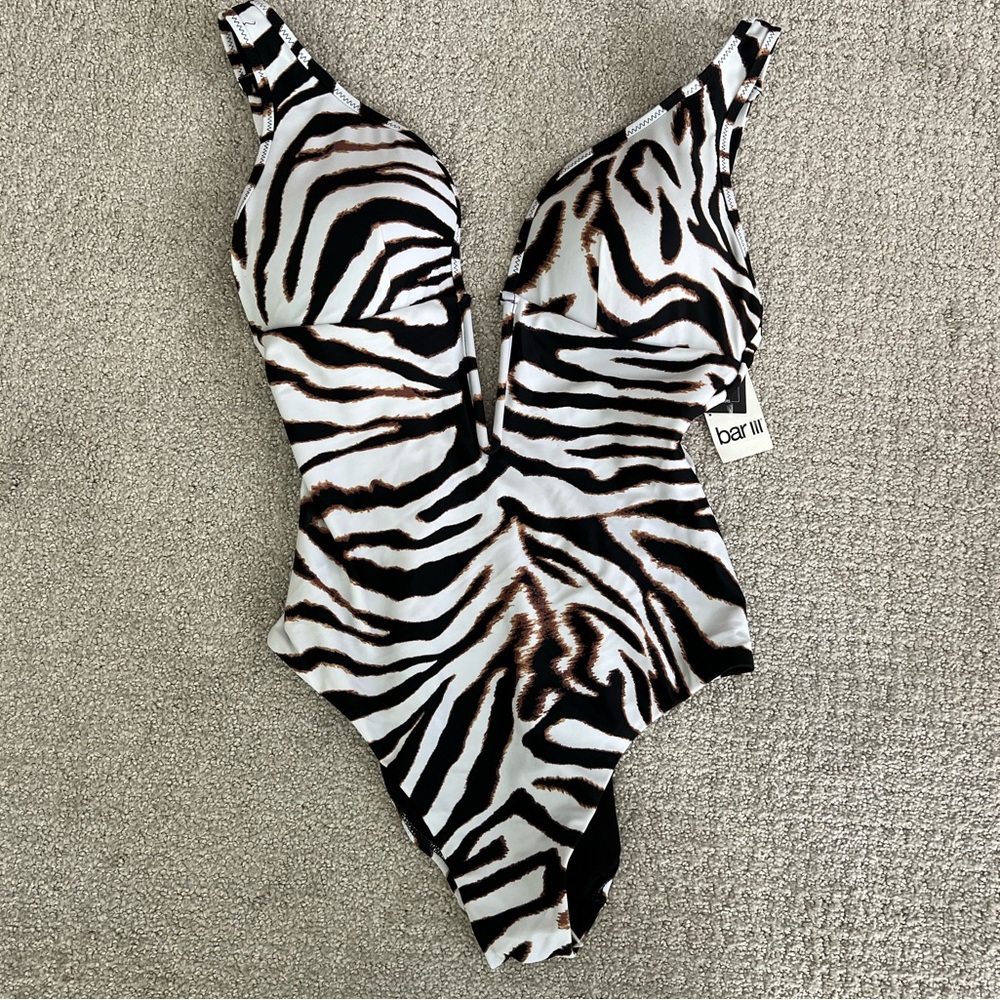 Bar III Zebra-Print One-Piece Swimsuit in Black, White and Brown
